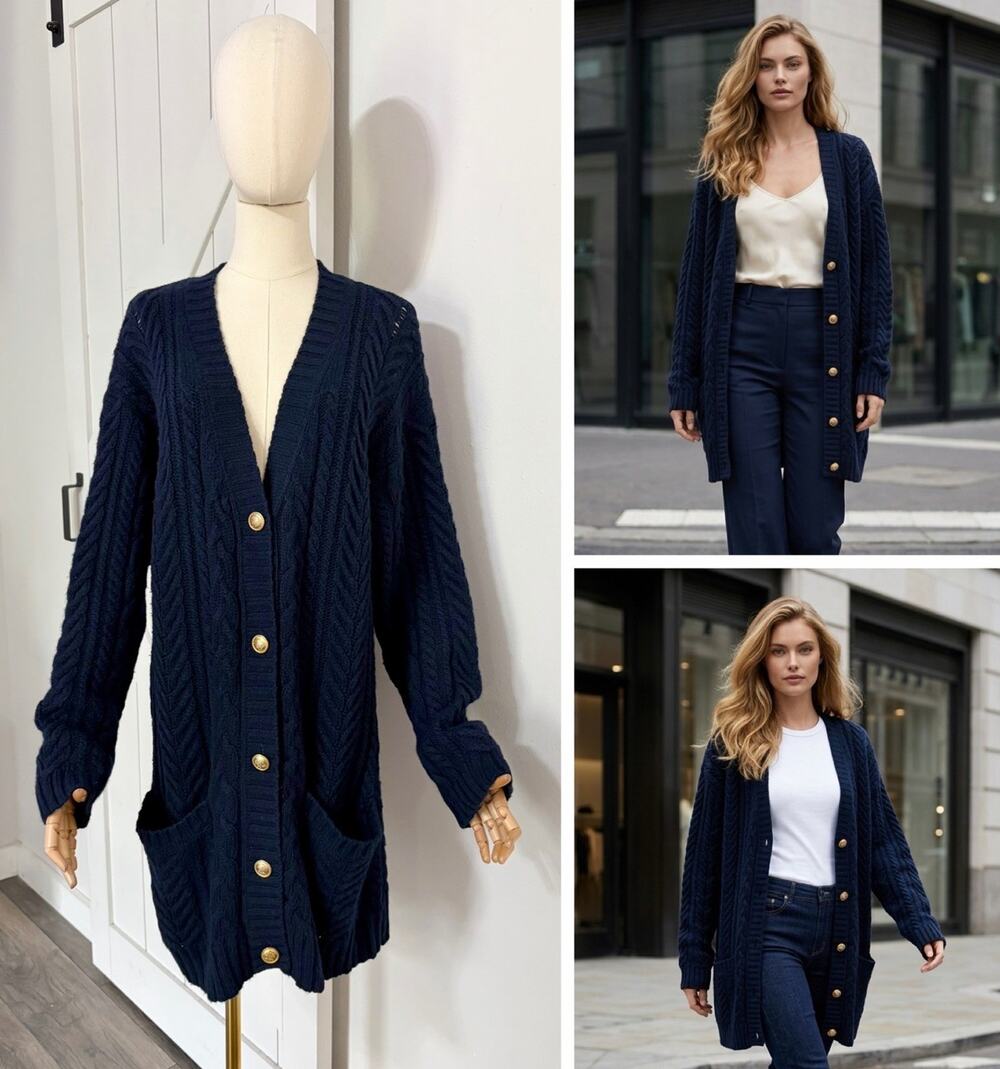 VTG Lauren Ralph Lauren Sz S Navy Blue Cable Knit Wool Cashmere Angora Cardigan